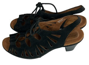 Cobb Hill Rockport Heeled Sandals Women's 9W Lace Up Black Leather Open Toe